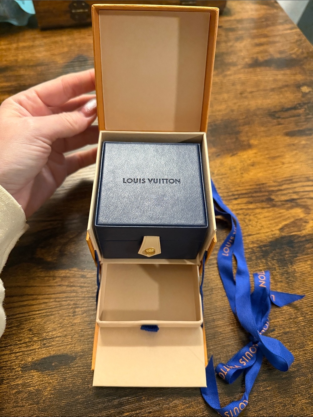 Louis Vuitton Navy Leather Jewelry Box with Orange Presentation Box & Ribbon - Picture 5 of 6